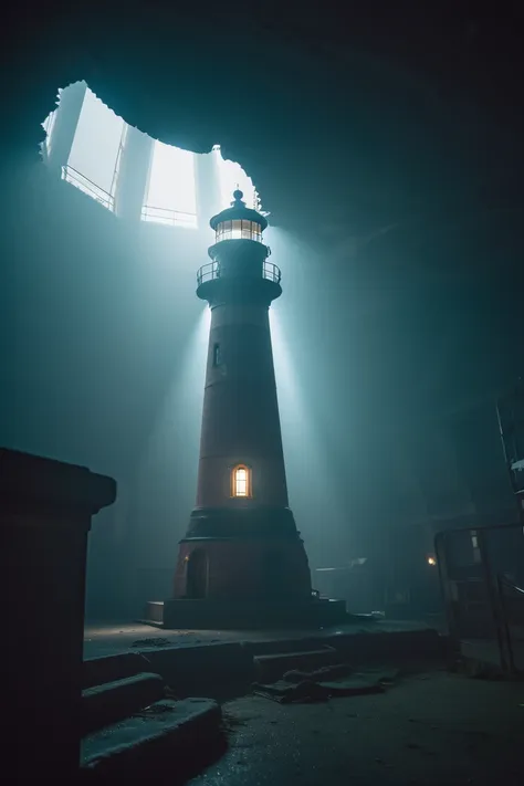 a close up of a light house with a light coming out of it