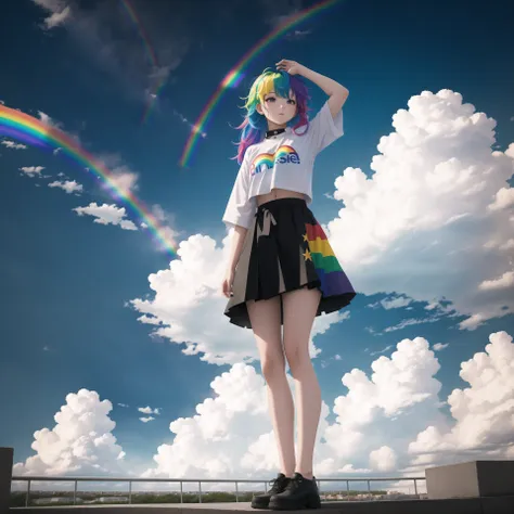 masterpiece, best quality, a girl with rainbow colored hair, standing under the sky, divine, full_body, night_sky,