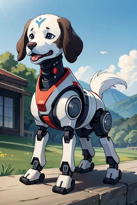 a close up of a dog with a robotic body on a platform