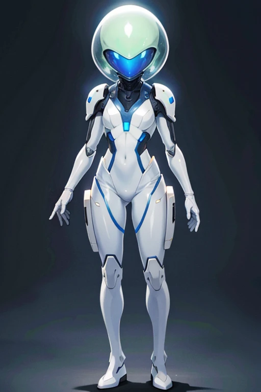 a woman in a futuristic suit standing in front of a black background