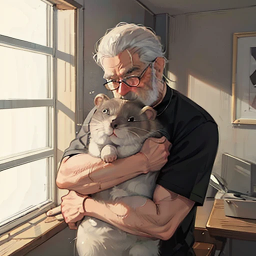 the old man hug big hamster,<lora:hamster_:1>,