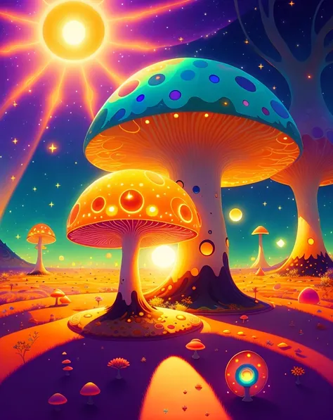 sun with a third eyes in mushroom's world light and awareness cosmic colors , unreal engine, greg rutkowski, loish, rhads, beepl...