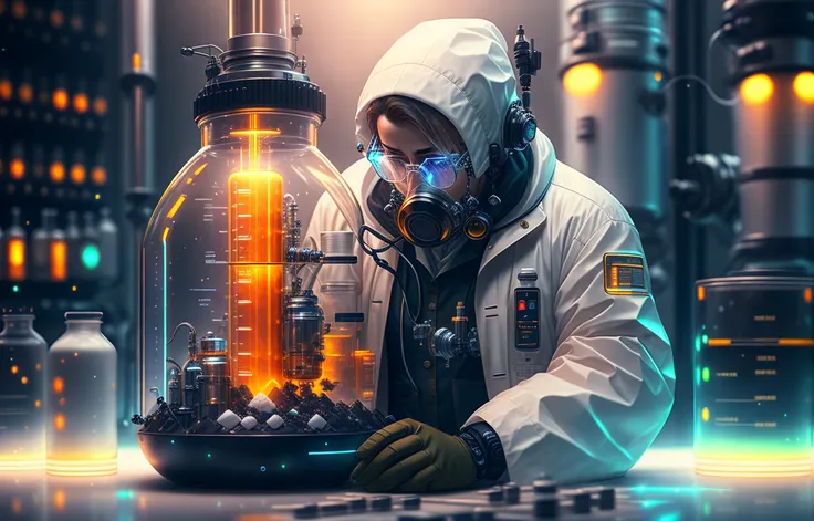 scientist mixing a substance in a beaker. in a white coat. a futuristic laboratory. 4k resolution. hyper realistic. ultra detail...