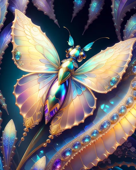 iridescent, flying insect, scales, wings, blues, textured, intricate, ornate, shadowed, pale muted colors, 3d, highly detailed, ...