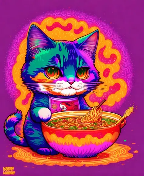 cat eating ramen, trippy colors, cartoon style, comic style, manga style