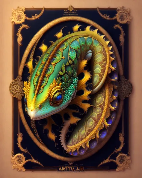 "Graphic flyer, with a 2d vectorial illustration An ultra hd detailed painting of a gecko by android jones, with quotes earnst haeckel, james jean, behance contest winner, generative art, baroque, intricate patterns, fractalism, movie still, photorealistic...