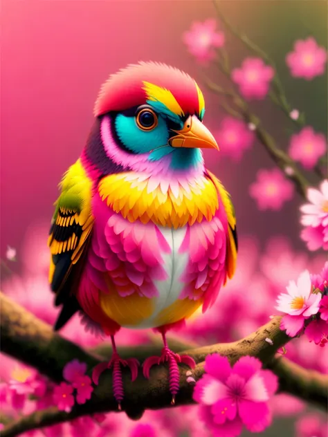 a bird sitting on a branch with pink flowers, cgi art, red-yellow colors, hyperrealistic sparrows, pinterest, photorealistic art...