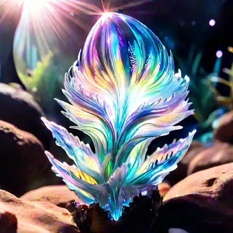 Photo of a fascinating silicon-based life form existing in an alien environment, with a translucent, crystalline body glistening under the otherworldly light, emanating a beautiful iridescent glow as it interacts with the unique ecosystem.