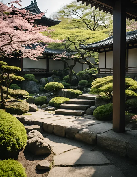 arafed view of a garden with a stone path and a stone pathway