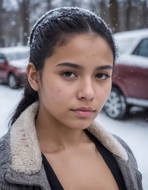 raw portrait photo of a beautiful cute 22yo nicaraguan woman, street photography, winter, snow, autofocus, skin moles, detailed skin, cinematic shot, wearing