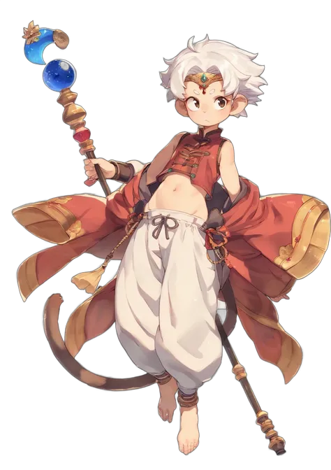 masterpiece, white background, simple background, 1girl, solo, very short hair, (white hair), round ears, monkey tail, moinstergirl, furry arms, furry legs, white saggy pants, barefoot, anklets, red vest, sarashi, navel, staff, circlet,<lora:tasaka_shinnos...