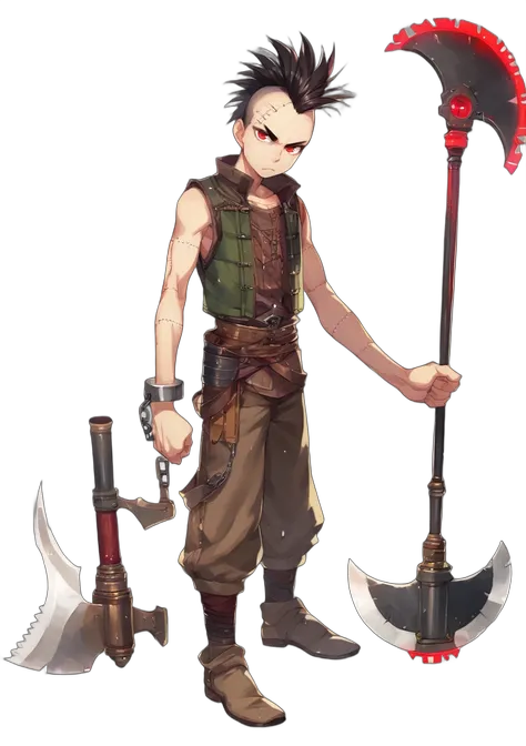 masterpiece, white background, simple background , standing, full body, 1boy, solo, looking at viewer, slender, mohawk, hair back, forehead, serious, black hair, bare arms,red eyes, fur vest, pants, (patchwork clothes), shackles, axe, medieval <lora:tasaka...