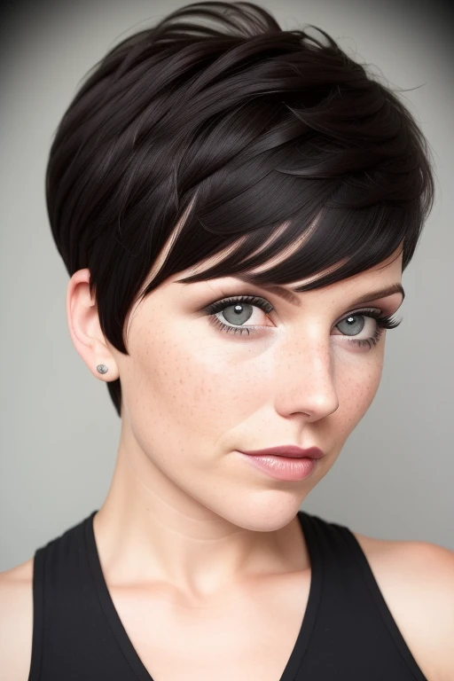 woman 30s (freckles:0.8) photograph hairstyle tapered pixie brunette bangs