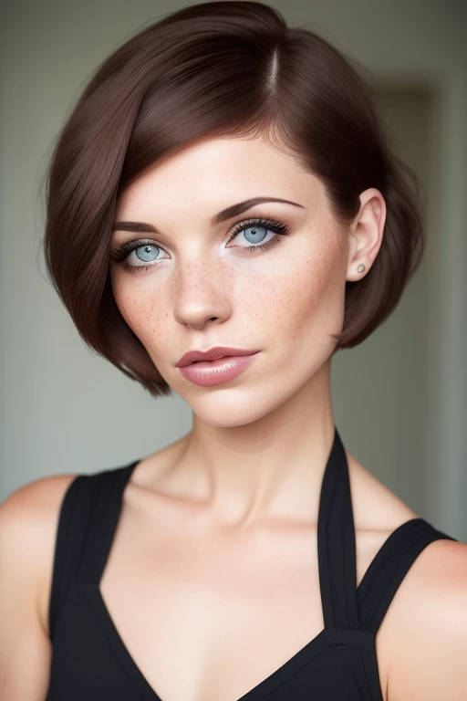 woman 30s (freckles:0.8) photograph hairstyle pixie brunette