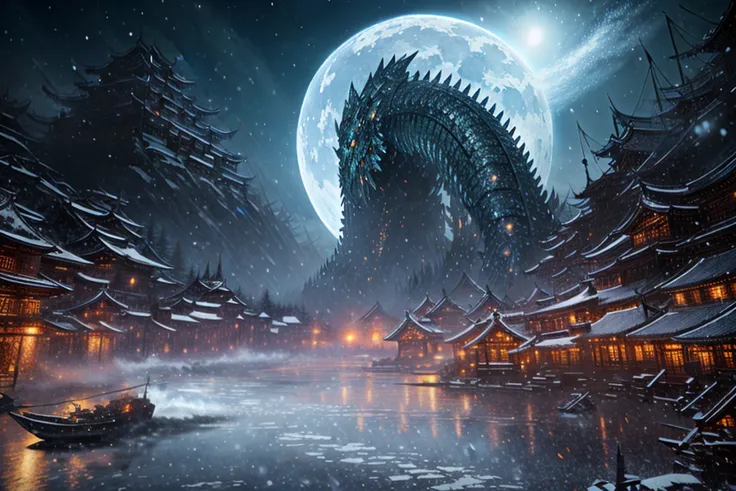 elden ring style, eastern mythology, asia, japan, iron monster leviathan destroys ancient village, night, winter, snow, moon
art...