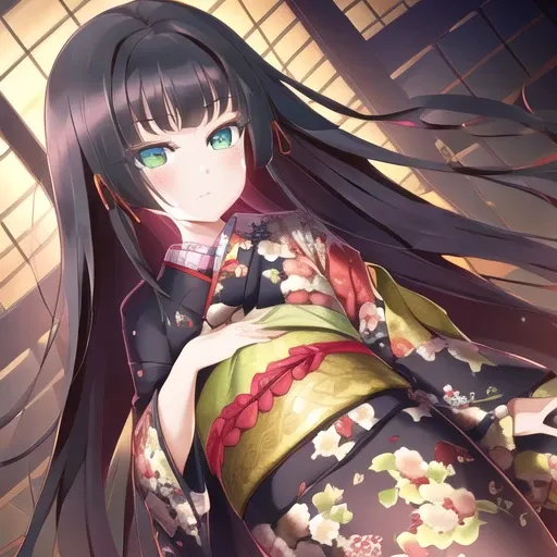 1girl, print kimono,