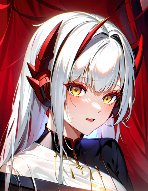 1girl, masterpiece, white hair, red antenna hair, [red side horn], [yellow eyes],  w, 1_w,