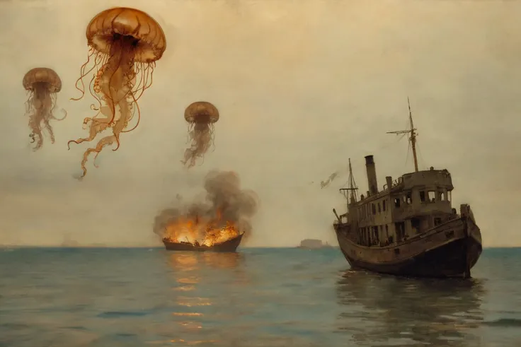 Dreamy scene of jellyfish dancing around an abandoned burning ship by James Abbott McNeill Whistler.