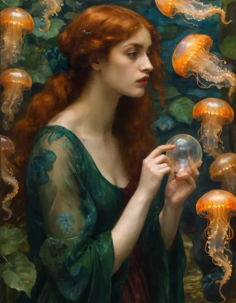 a painting of a woman holding a glass jar in front of a jelly