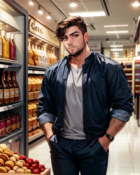 arafed man standing in a grocery store with a basket of apples