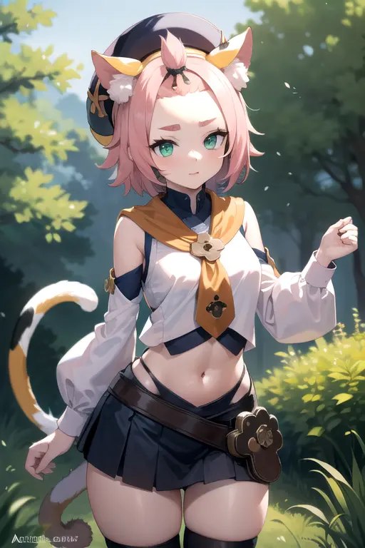 a woman in a short skirt and cat ears is standing in the grass