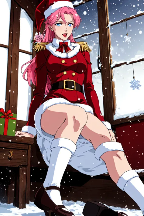 a woman in a santa outfit sitting on a bench in the snow