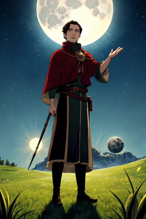 a man in a red cape standing in a field with a sword