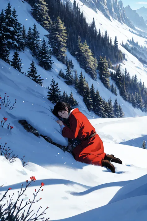 skier in red jacket laying in deep snow with trees in background