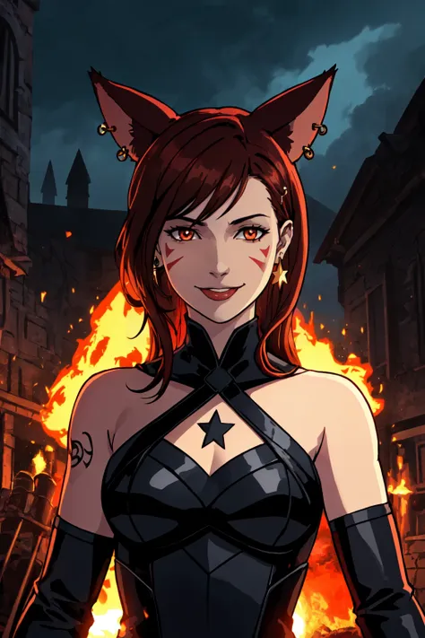 a woman in a black cat suit standing in front of a fire