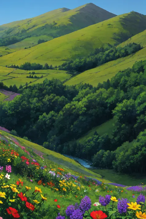 painting of a valley with a river and a mountain in the background