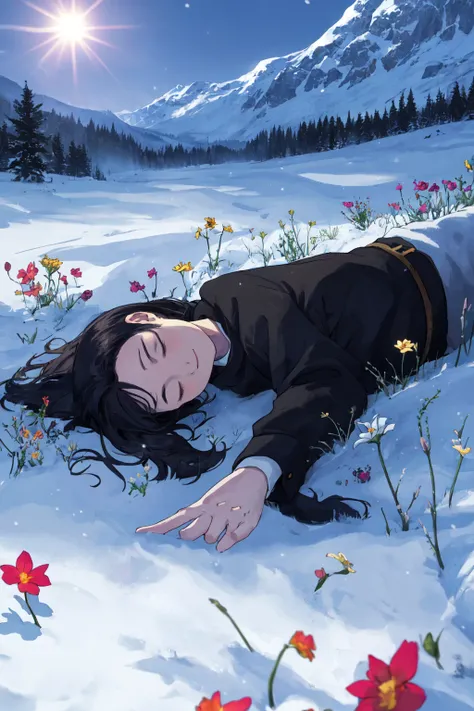 anime girl laying in the snow with her eyes closed