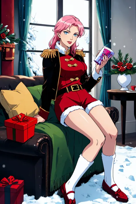 a woman in a red uniform sitting on a couch with presents