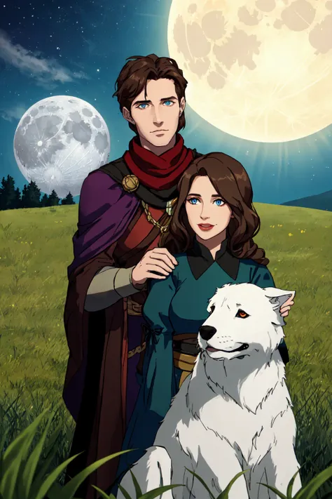 a cartoon picture of a man and woman standing in a field with a dog