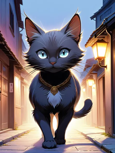 A curious cat spirit, with translucent whiskers, prowling the alleys of an old town at dusk.<lora:EnvySpiritXL01-humanoid:1>