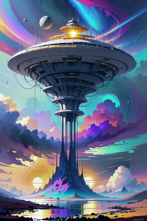 digital painting, hyperrealistic CG render, Interstellar scifi megastructure at the end of reality, by Josan Gonzalez, 8k, ultra high detail, (Thrasher:-1), (by Scott Naismith:-0.5)