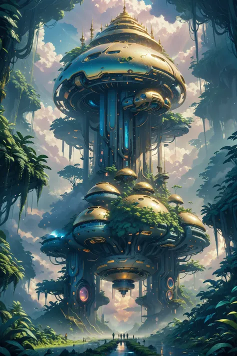 a futuristic city in the middle of a forest with a sky background