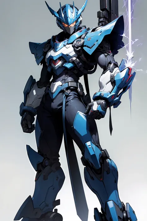 <lora:MMMM_Style:0.7>,standing,1boy,robot,armor looking at the viewer,blue and silver armor,electric cyber sword,intense,mmmm style,solo,simple background,masterpiece,