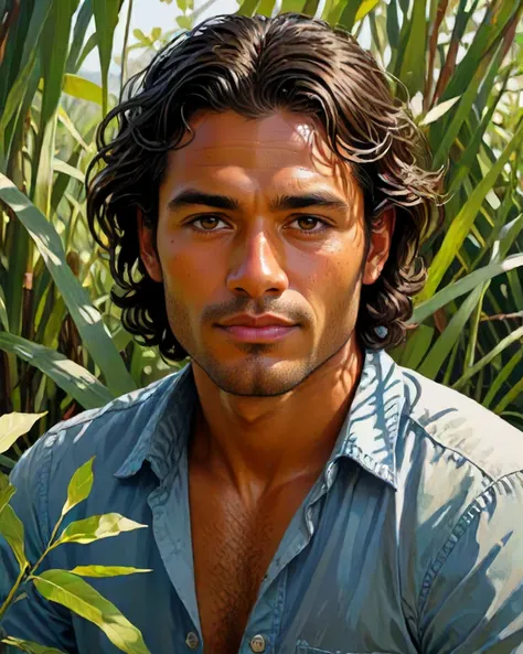 arafed man with long hair and a blue shirt in a field