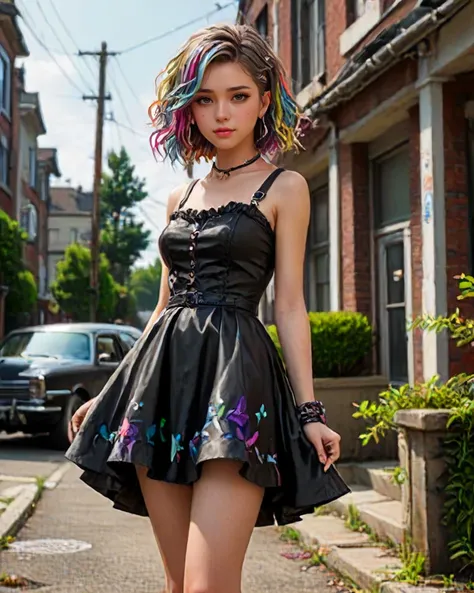 araffe girl with colorful hair and a black dress on a city street