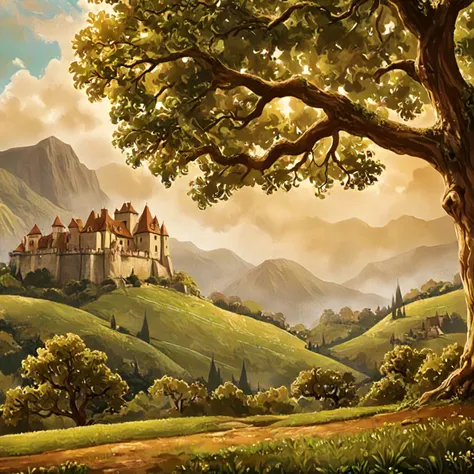 a painting of a castle on a hill with a tree in the foreground