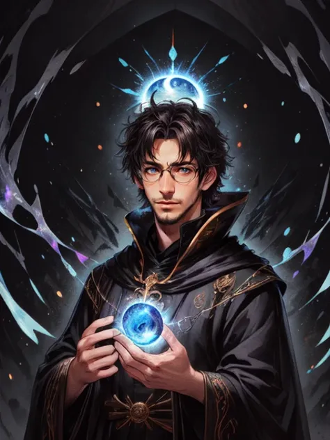 a man in a black robe holding a crystal ball