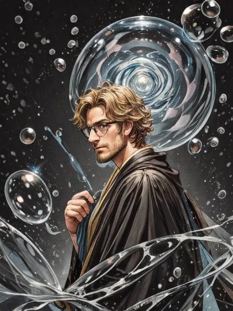 a man in a cloak and glasses holding a wand and bubbles