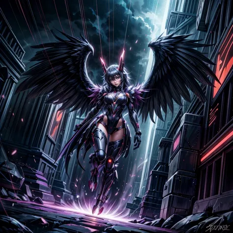 a woman with wings is walking through a city at night