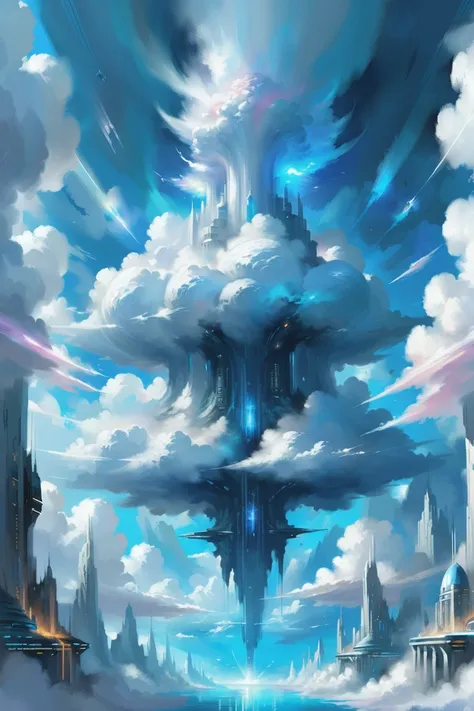 a painting of a city in the sky with clouds