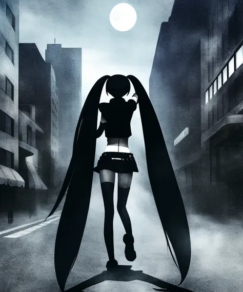 solo, styhuke, black rock shooter, 1girl, solo, nana gray, long hair, twintails, street, moon, walking down a street