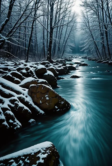 a river runs through a snowy forest with rocks and trees