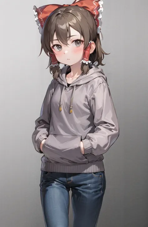 a woman in a gray hoodie and jeans with a cat ears