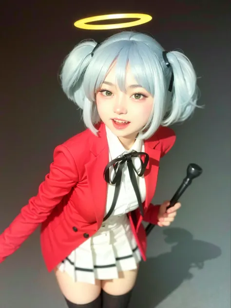 best quality, ultra high res, (photorealistic:1.4),day, dokuro, 1girl, spiked club, club (weapon), solo, halo, kanabou, thighhighs, weapon, skirt, black thighhighs, open mouth, pleated skirt, red jacket, jacket, white background, shirt, looking at viewer...