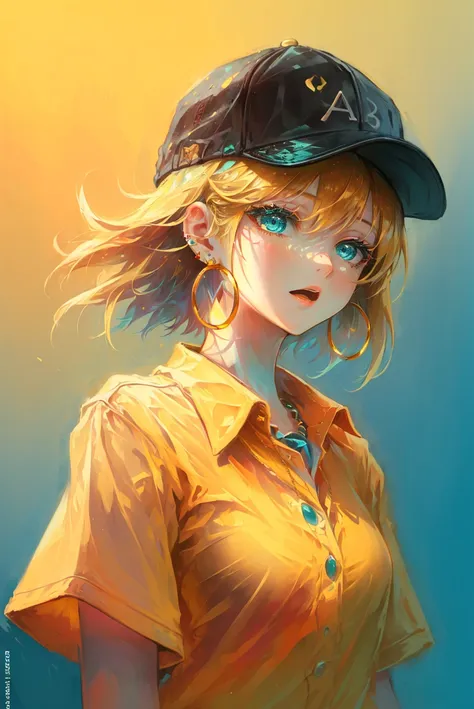 a woman with a baseball cap and yellow shirt