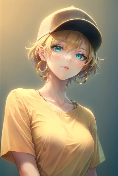 masterpiece, best quality, 1girl, aqua eyes, baseball cap, blonde hair, closed mouth, earrings, green background, hat, hoop earrings, jewelry, looking at viewer, shirt, short hair, simple background, solo, upper body, yellow shirt <lora:phoenix_offset:1>